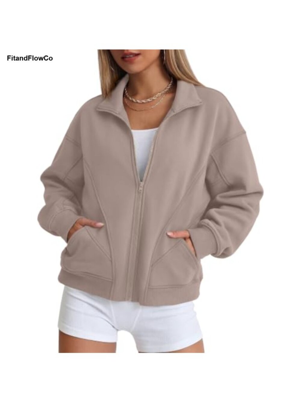 Y2K Oversized Fleece Zip Up Sweatshirt Jacket Collared Batwing Sleeve